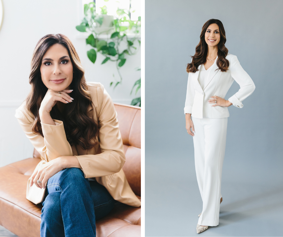 Side by side images of the same woman redefining health and success for women over forty. On the Left, in a tan blazer and jeans sitting on a tan sofa. On the right, in a white suit against a grey background. Photography by Lindsay Hite.