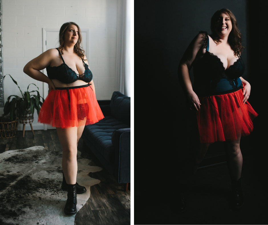 Side by side of a woman in a black bra and red toile skirt. On the left, with a white backdrop. On the right, with a black backdrop. Photography by Lindsay Hite