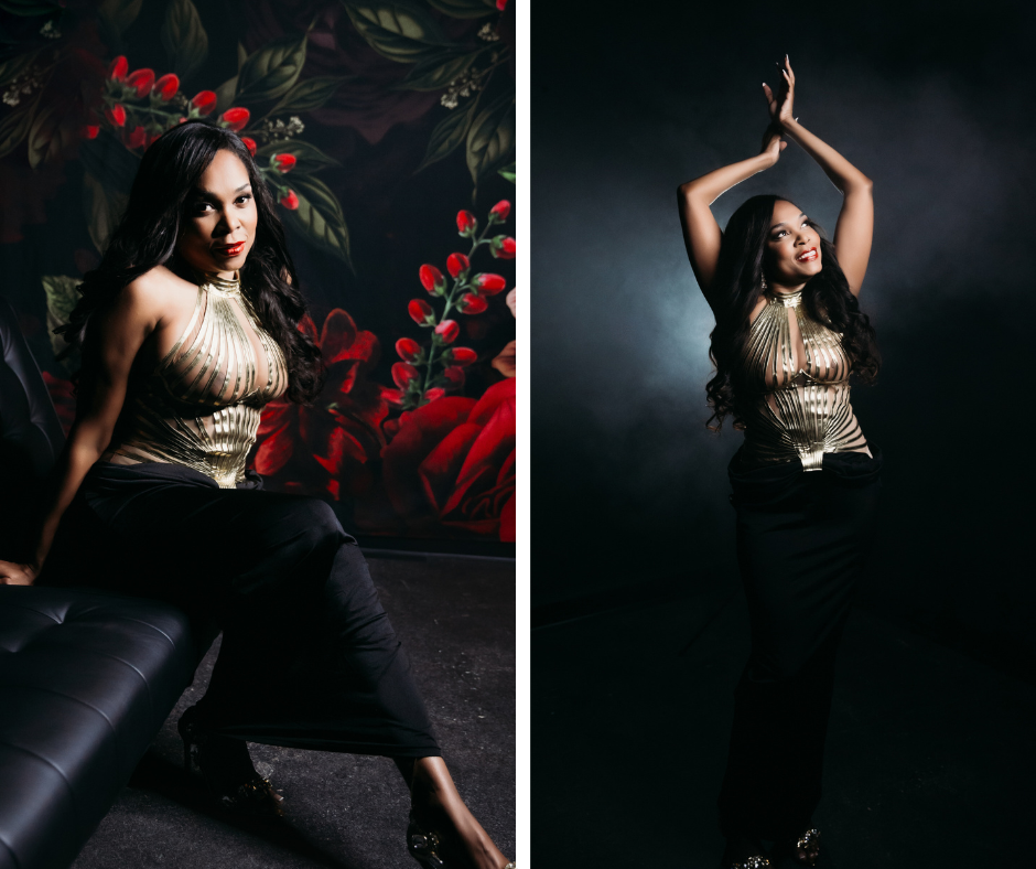 Side by side images of same woman showing how to live a Passionate Life After Forty in a gold top and black skirt. On the left, while sitting on a black sofa with a rose tapestry backdrop. On the right with a black backdrop. Photography by Lindsay Hite