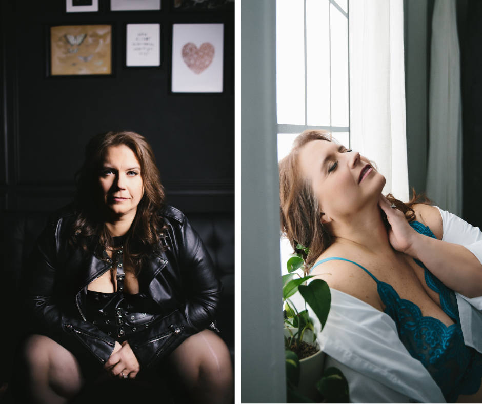 Side-by-side image of the same woman: On the left, wearing a black leather jacket and black lingerie sitting on a black sofa with a dark background. on the right, in teal lingerie and a white button-down shirt leaning against a window. Photography by Lindsay Hite.