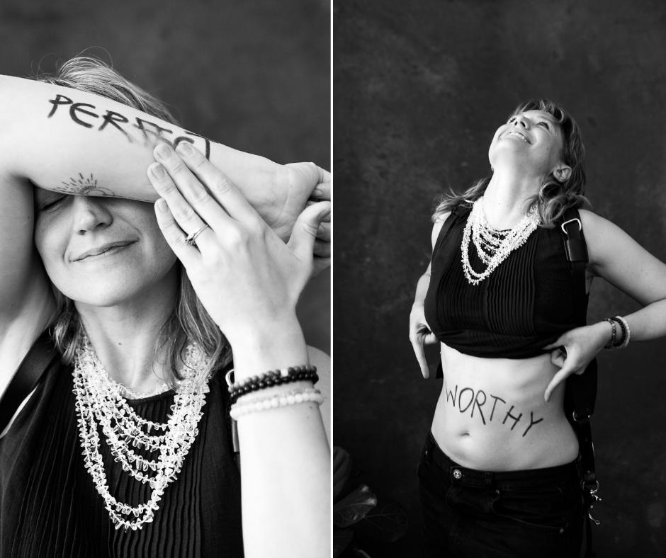 On the left, a woman erasing the word perfect from her body and claiming the word worthy on the right. Photography by Lindsay Hite.