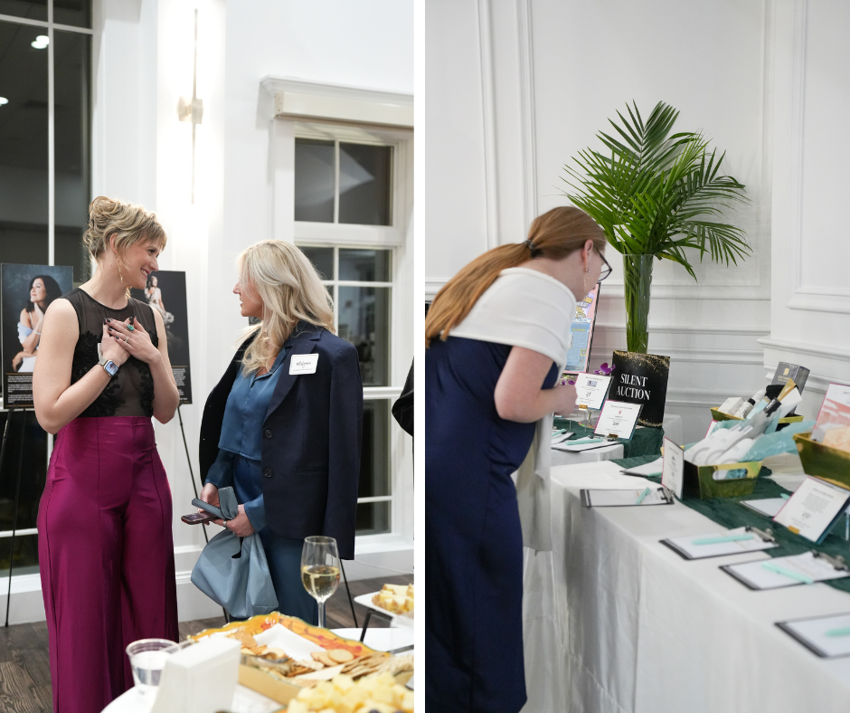 Side by side images from the Gala, on the left, Lindsay speaking with a guest. On the right, a woman perusing the silent auction items. Silent Auction items to support DOVE at the Show Your Spark Gala. Photography by Nicole Chan.