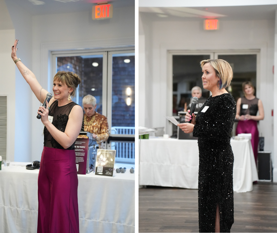 Side by side image of speakers at the Show Your Spark Gala. On the left, founder of Show Your Spark, Lindsay Hite. On the right, survivor Clionagh McLaughlin. Photography by Nicole Chan.