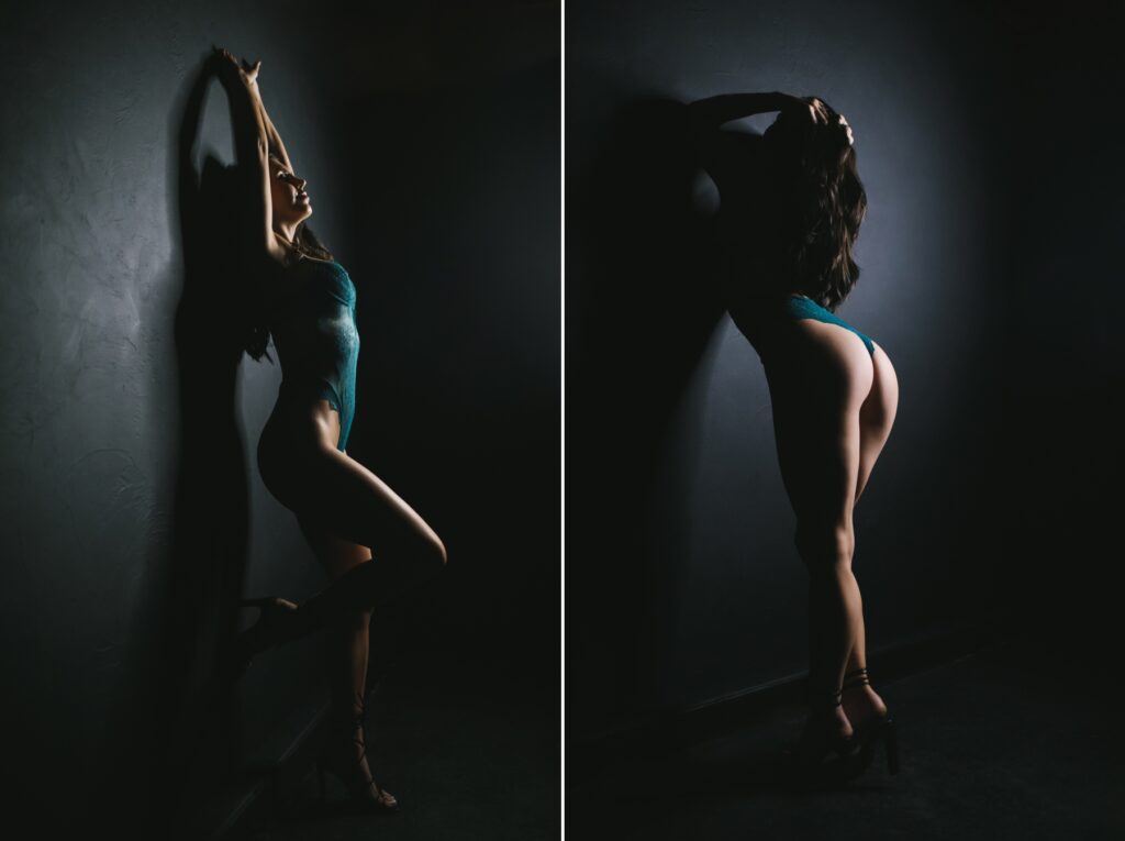 Side by side image of a woman in green lingerie with a black backdrop. Boudoir photography by Lindsay Hite.