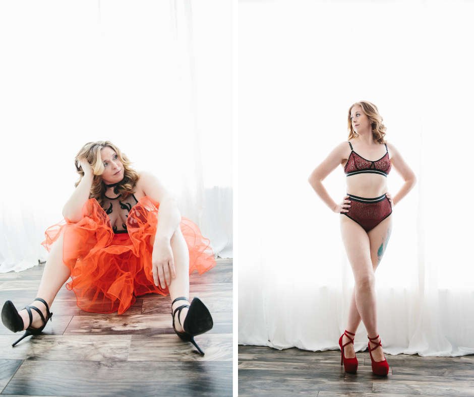 Side by side image of a woman in heels. On the left, while wearing a red tutu and black strappy heels. On the right, the same woman standing in tall red tie-up heels. Boudoir photography by Lindsay Hite.