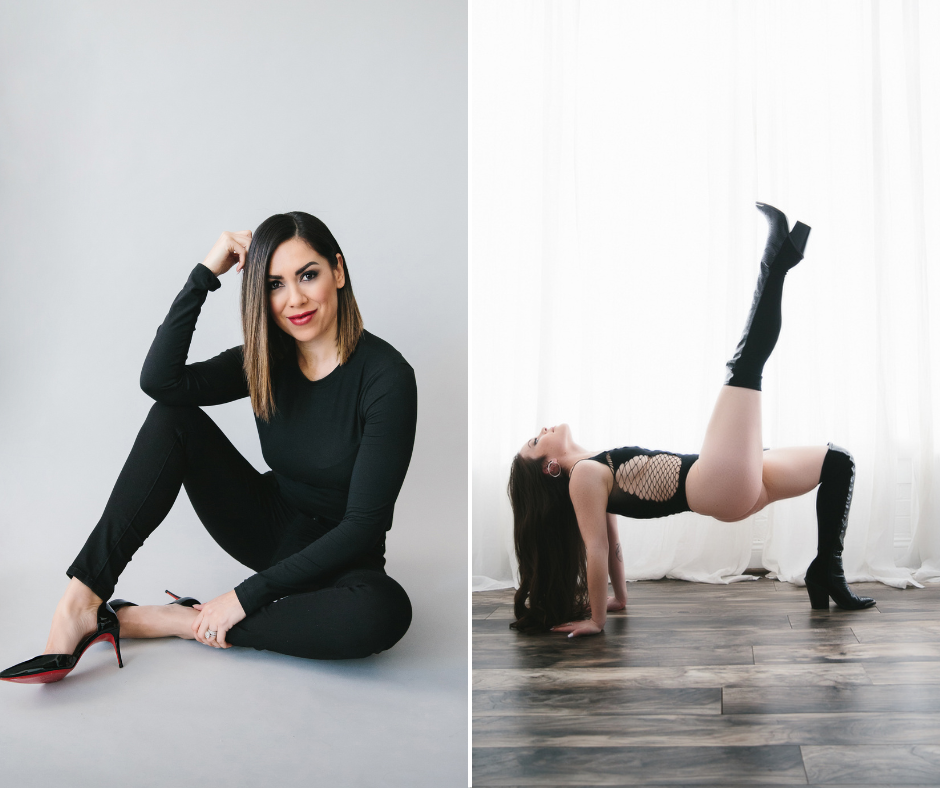 Side by Side image with women in black, on the left a woman with a professional look with heels and on the right, a woman in black lingerie and knee-high black high heeled boots. Boudoir photography by Lindsay Hite.