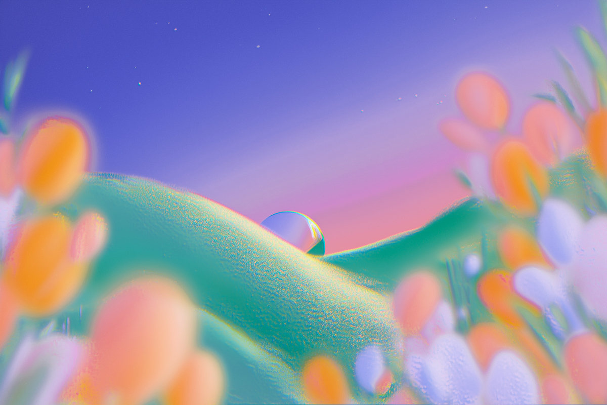 Paysage onirique avec collines vertes, fleurs floues orange et blanches, sous un ciel violet à bleu avec étoiles.