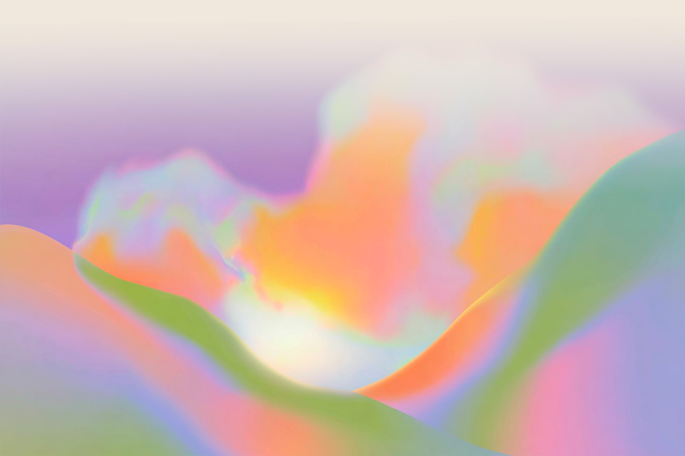 Paysage abstrait aux couleurs pastel avec des formes ondulées rappelant des collines sous un ciel lumineux aux teintes multicolores.
