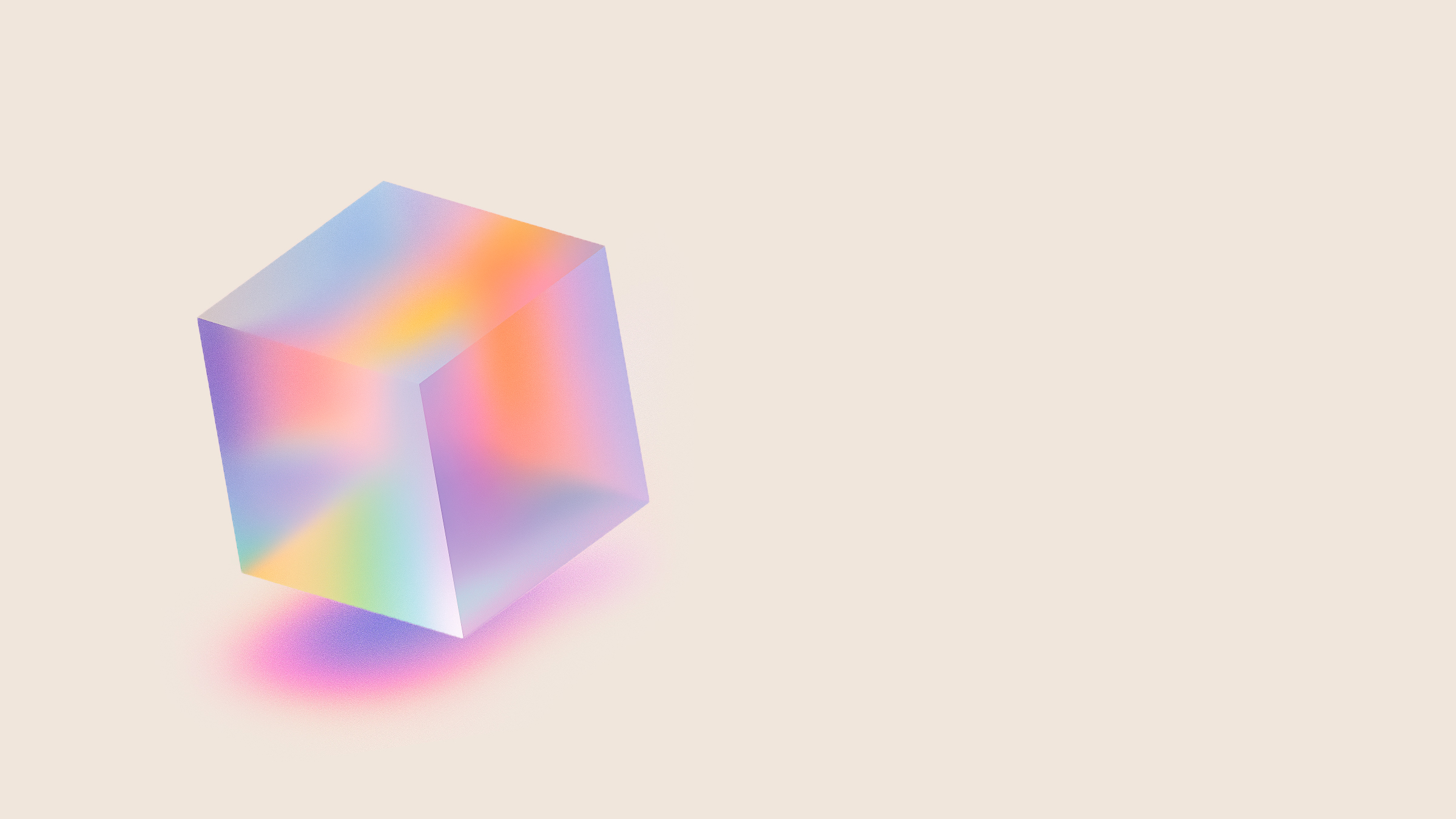 Cube translucide aux couleurs arc-en-ciel sur un fond beige clair.