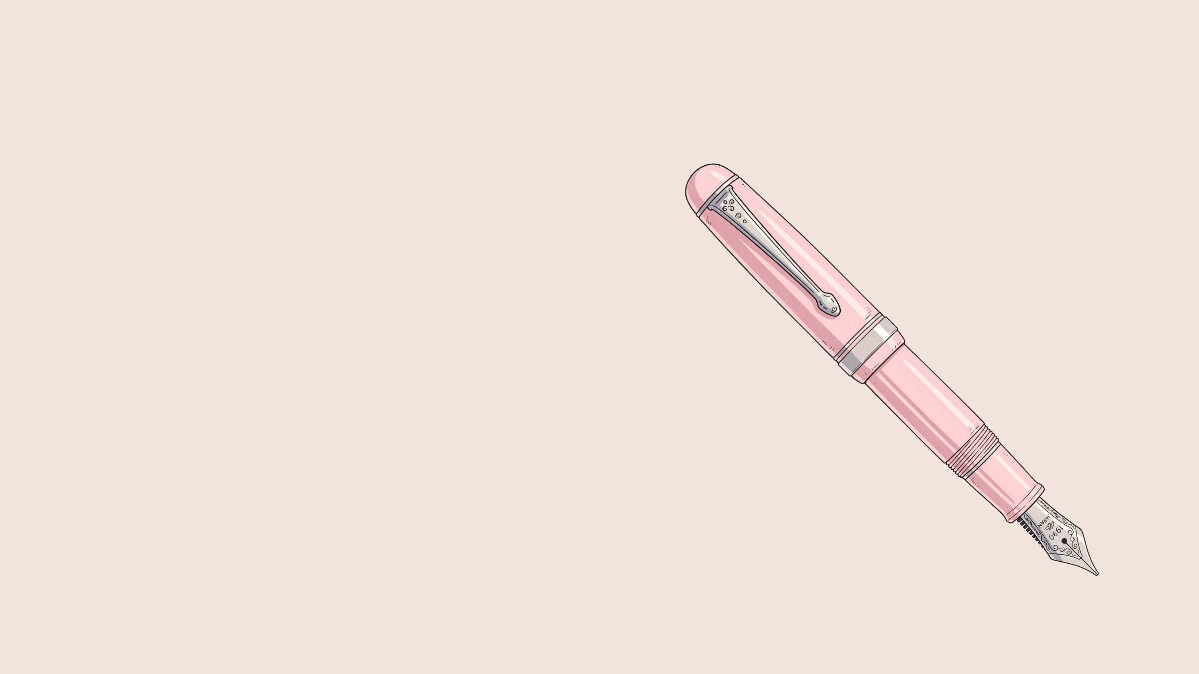 Stylo plume aux couleurs pastel et dégradés avec ombre violette sur fond beige.
