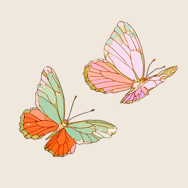 Illustration de deux papillons colorés avec des ailes pastel sur fond beige.
