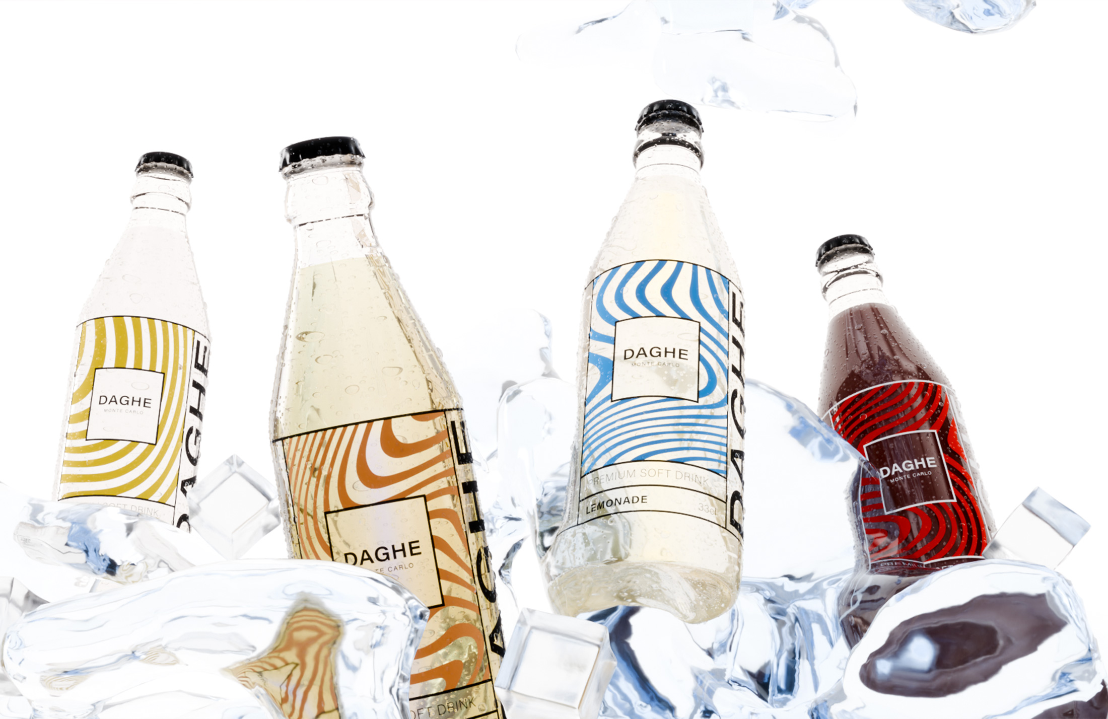 vue 3D de bouteilles de soda Daghe sur des glaons