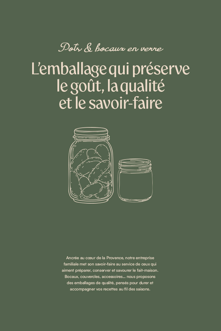 Design de mise en page, fond vert avec texte blanc, illustrations de bocaux