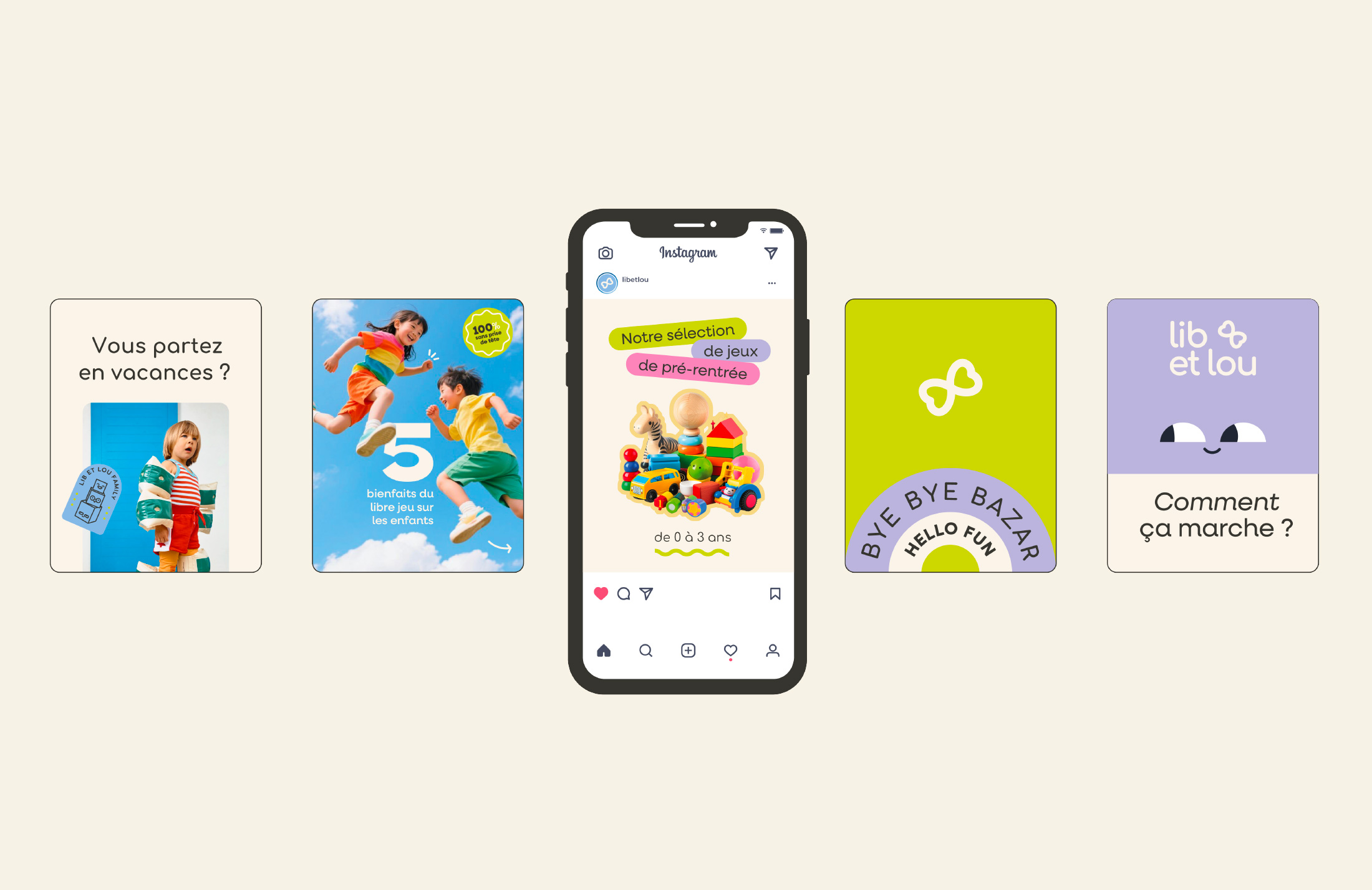 Design de réseaux sociaux colorés et fun, 5 pages mobiles différentes