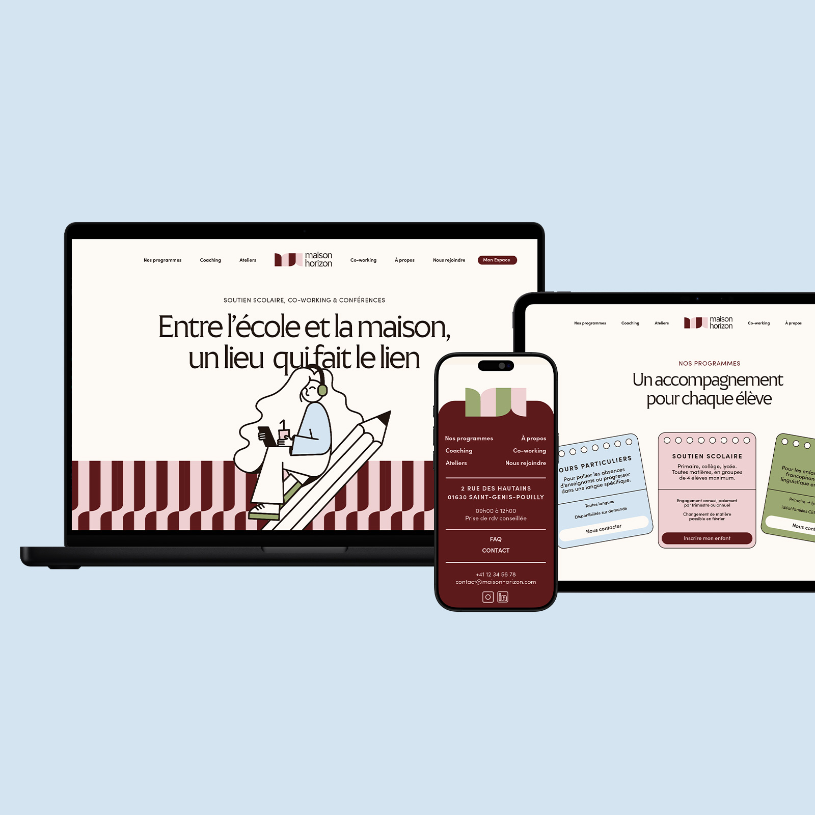 Design de site web pour Maison Horizon, interface desktop, mobile et iPad