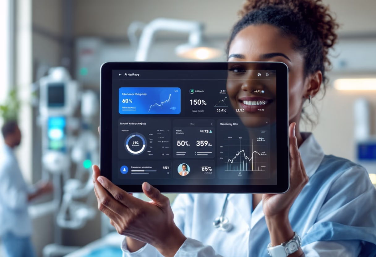 [interface] image of ai software on a tablet with hospital setting background (for an ai healthcare company)