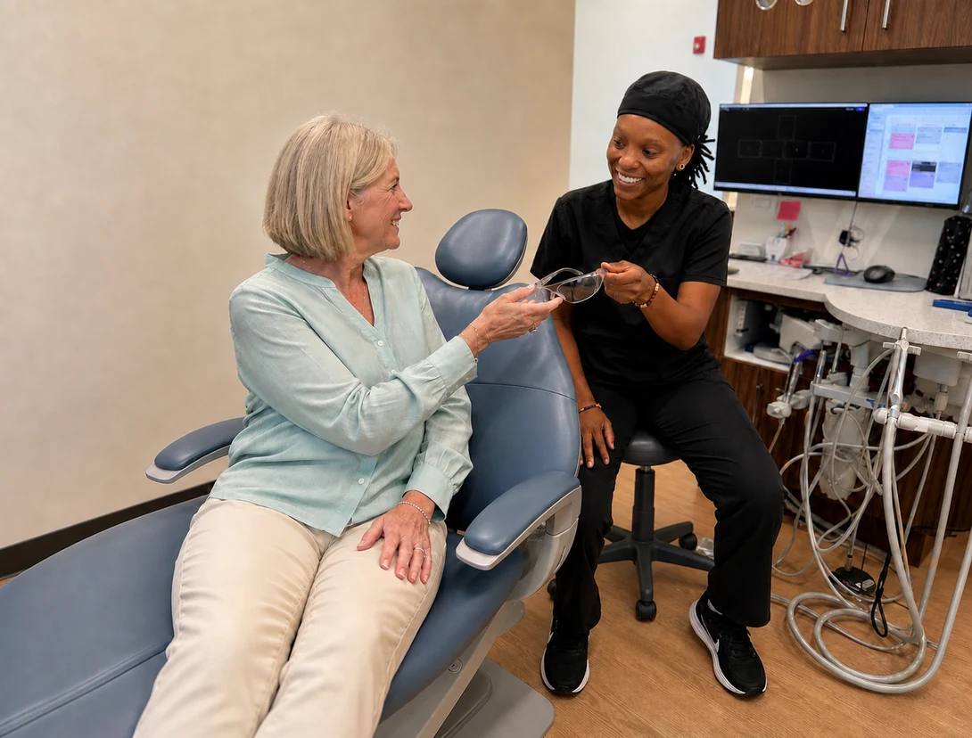 Rinse Dental hygienist explaining what to expect during a dental cleaning