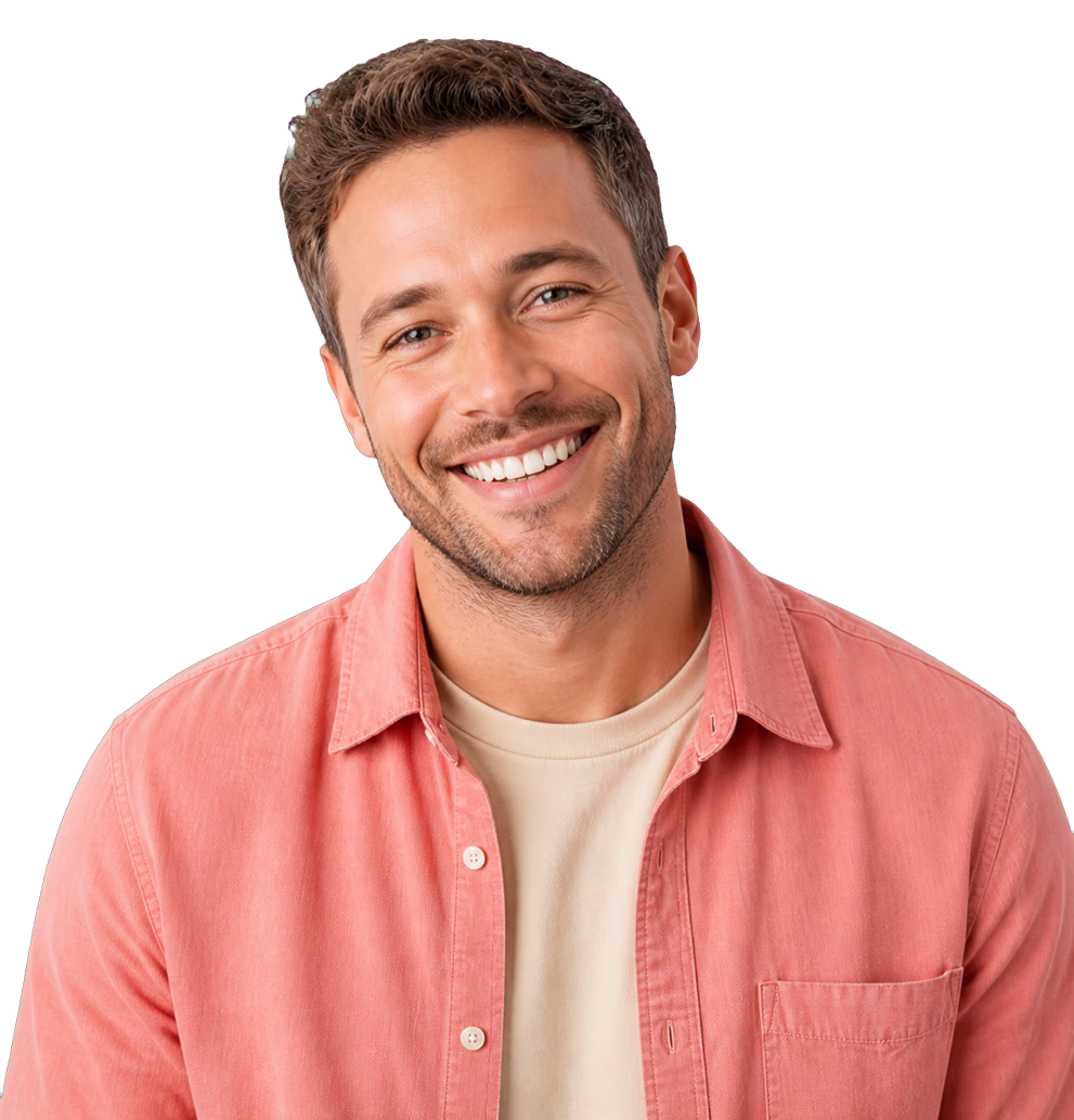 Smiling man wearing a coral shirt