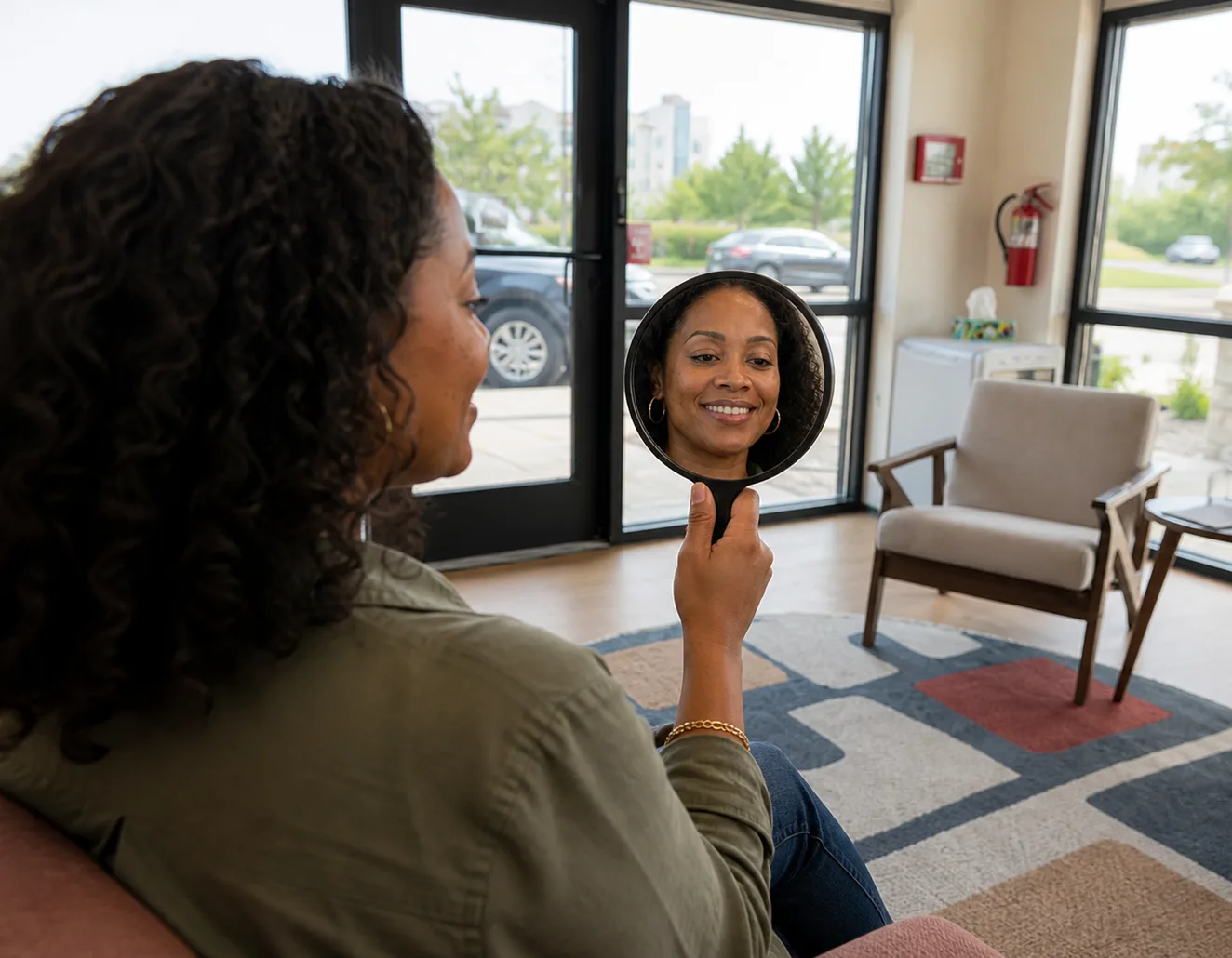 Patient reviewing professional teeth whitening results at Rinse Dental