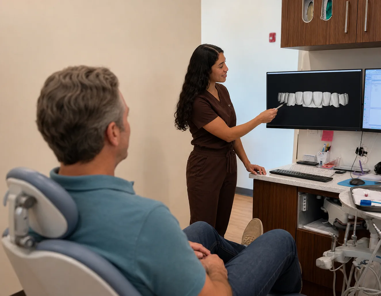 Patient discussing porcelain veneers during a consultation at Rinse Dental