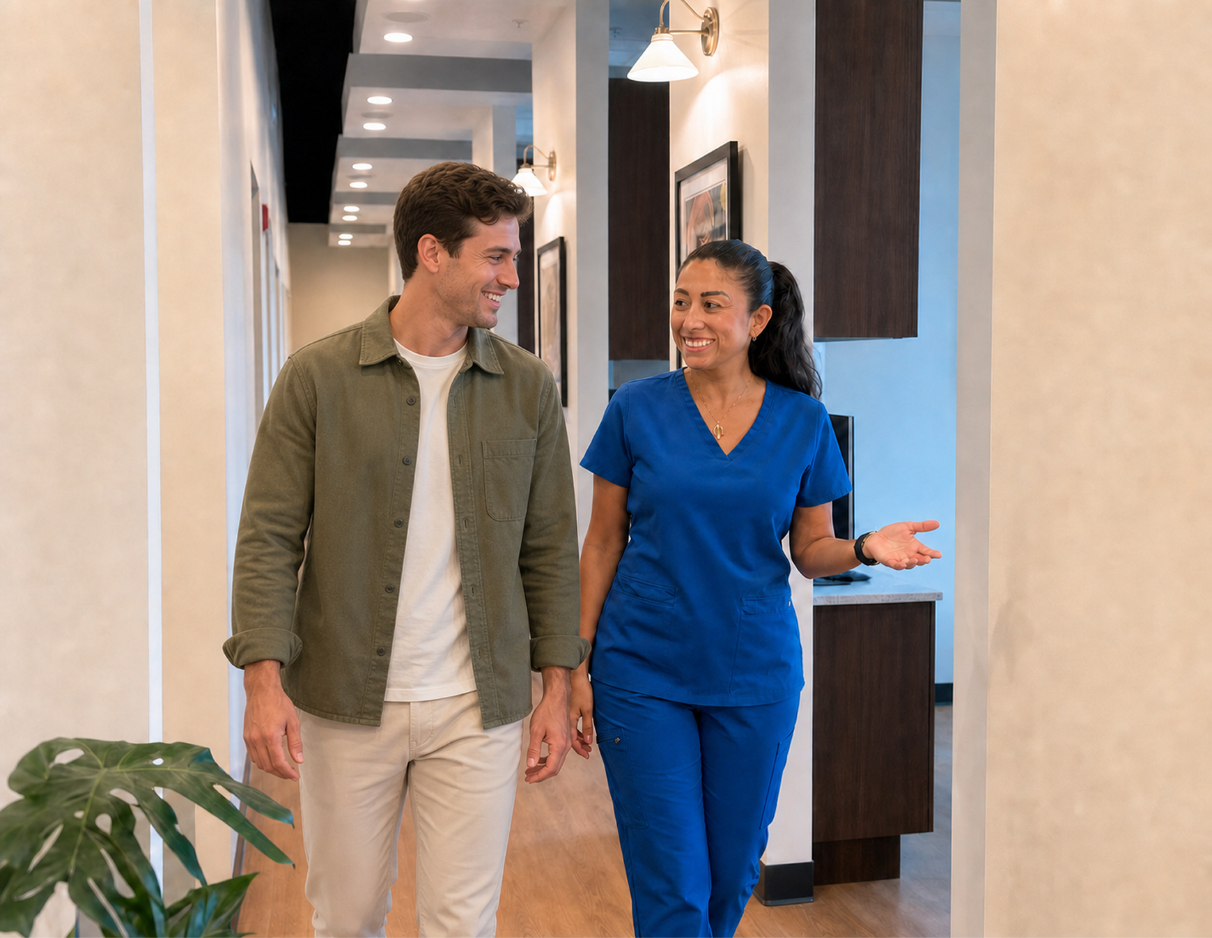 Rinse Dental hygienist speaking with a patient