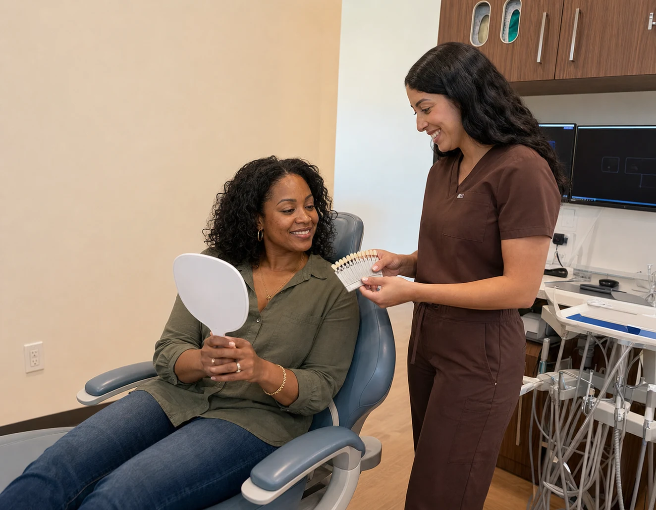 Rinse Dental team member reviewing a whitening shade guide with a patient