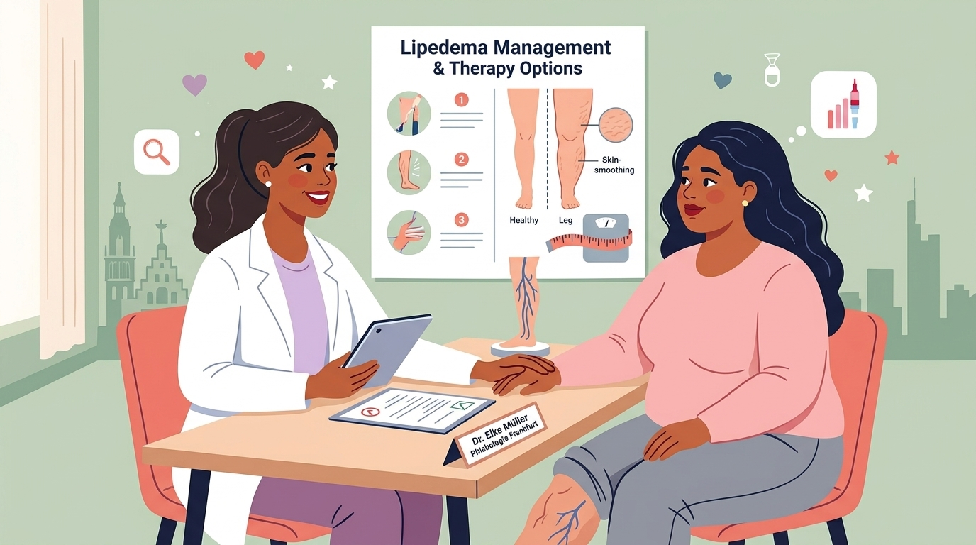 Illustration zum Thema Lipödem-Spezialist in Frankfurt finden: Phlebologen, Kliniken & Diagnose 2026 - LipoCheck Lipödem Magazin