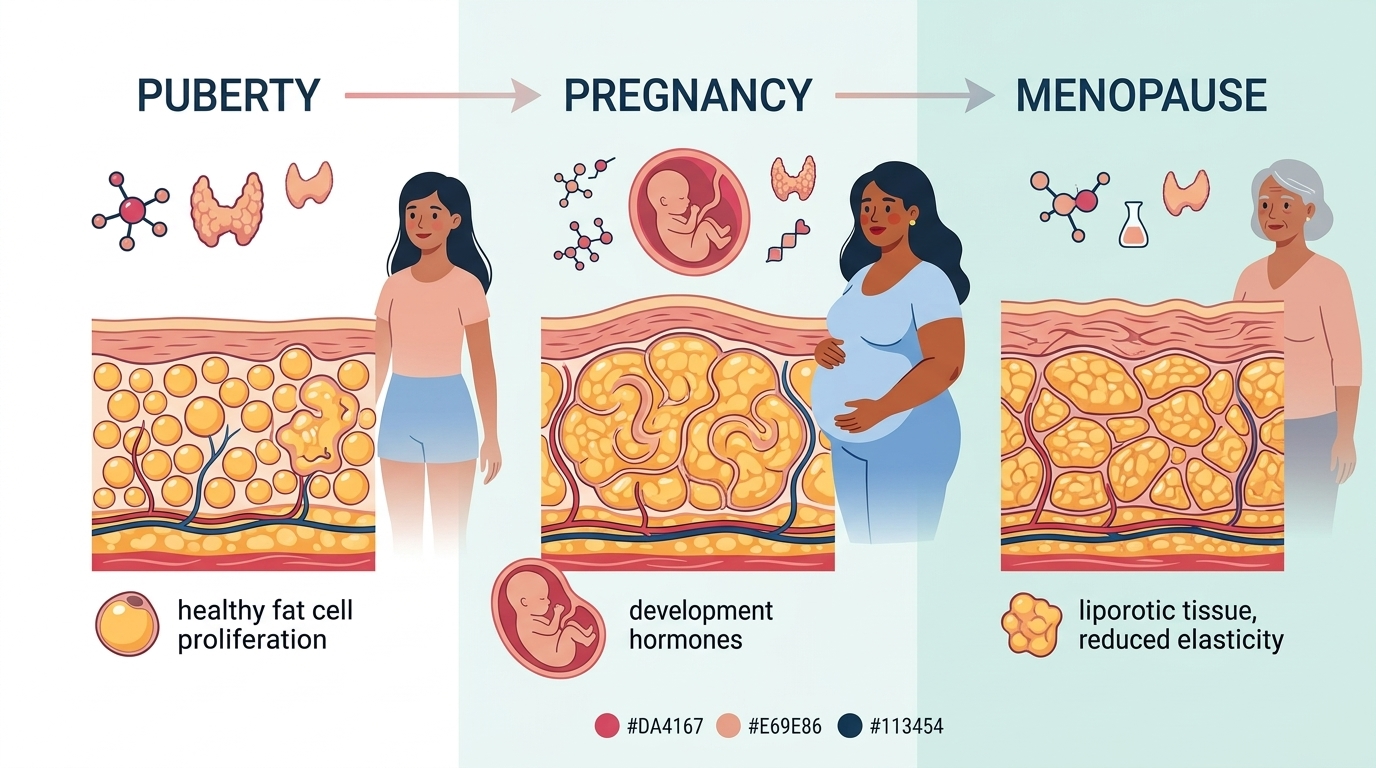 Schematische Darstellung der hormonellen Phasen (Pubertät, Schwangerschaft, Menopause) und deren Einfluss auf das Lipödem-Fettgewebe · AI-generated