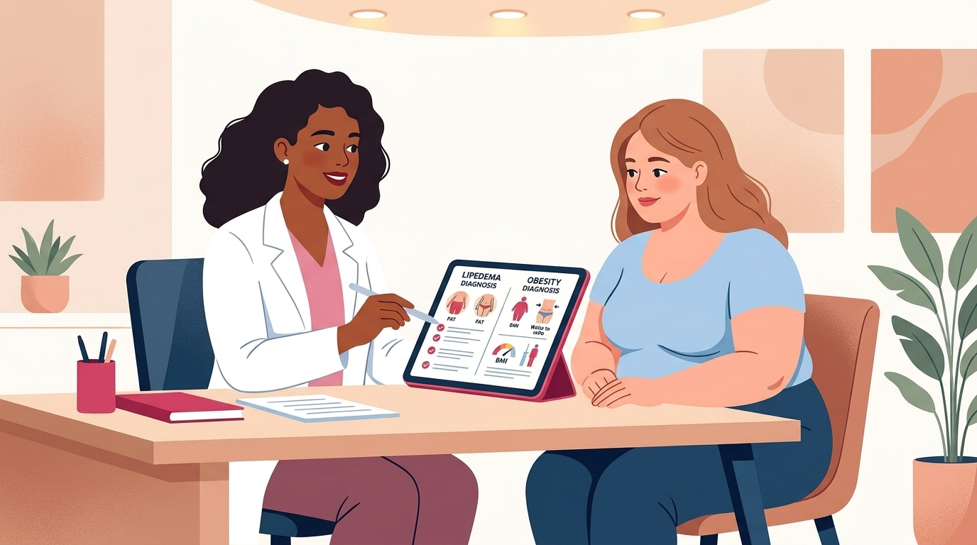 Eine Ärztin bespricht mit einer Patientin die Diagnosekriterien von Lipödem und Adipositas anhand eines Tablets. · AI-generated