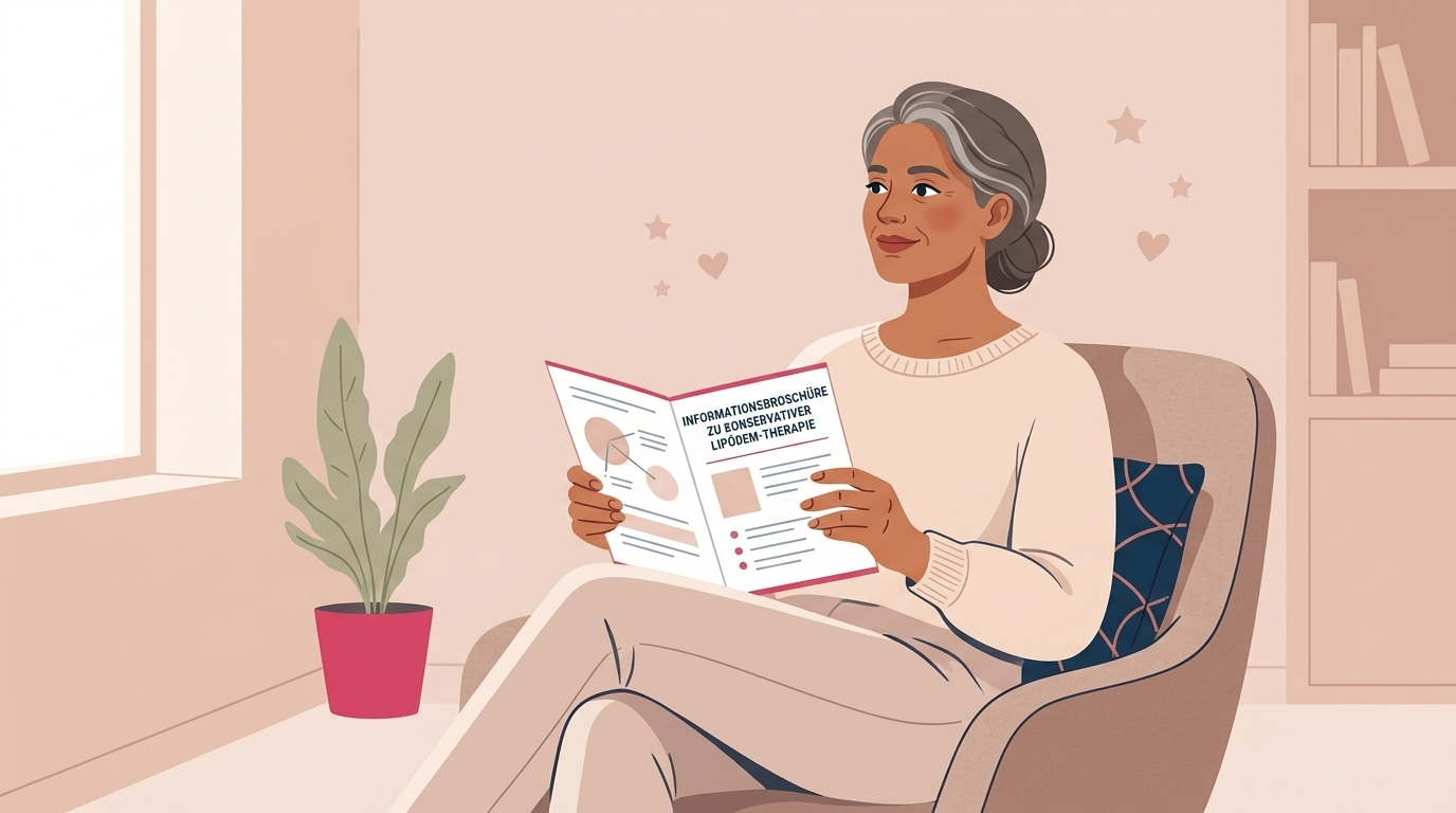 Eine Frau im mittleren Alter blickt entspannt und optimistisch in die Ferne, während sie sich über konservative Lipödem-Therapie informiert.