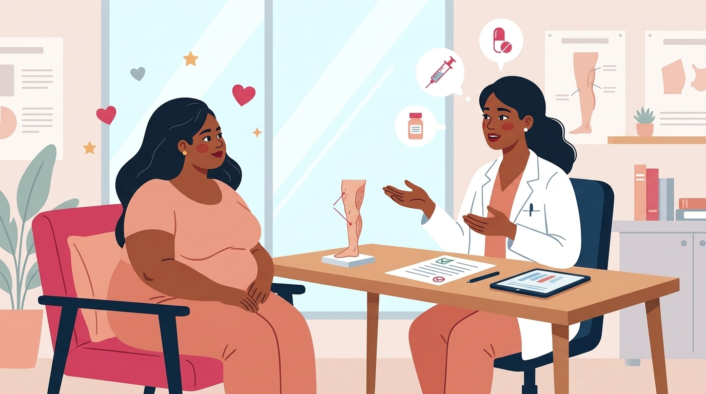 Eine einfühlsame Ärztin bespricht mit einer Lipödem-Patientin den Therapieweg und die Vorgaben der neuen QS-Richtlinie in einer hellen Praxis. · KI-generiert