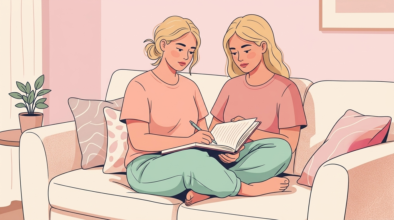 Eine junge Frau in bequemer Kleidung sitzt entspannt auf einem Sofa und notiert sich wichtige Termine für ihre Liposuktion Vorbereitung in einem Notizbuch.