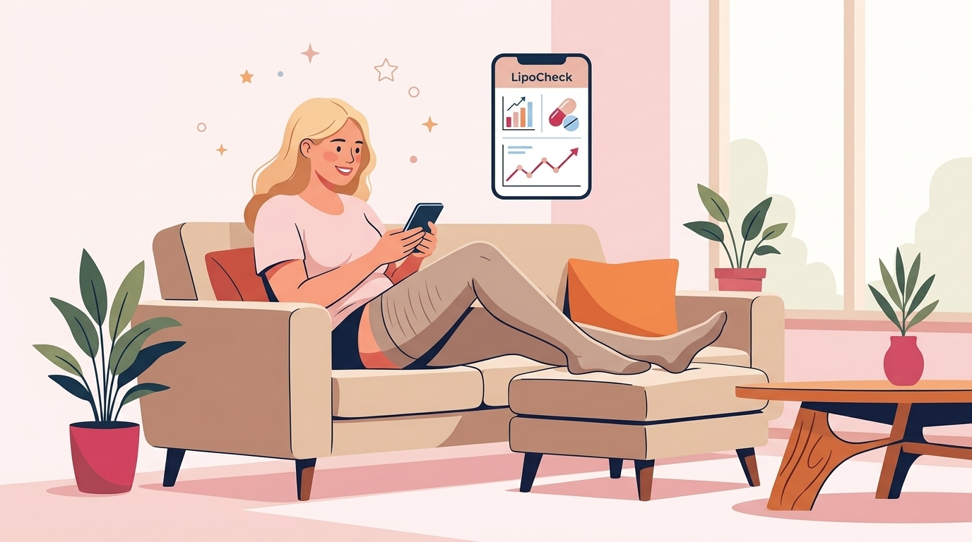 Eine Frau lächelt entspannt und trägt medizinische Kompressionsstrümpfe an den Beinen, während sie sich über ihre Behandlungsinformationen in der LipoCheck App informiert.