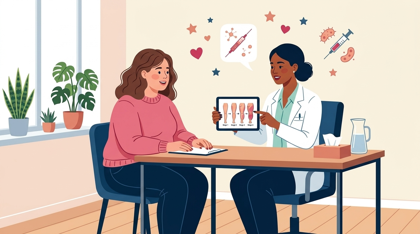 Eine Fachärztin bespricht mit einer Patientin empathisch die Lipödem-Stadien und Therapieoptionen an einem Tablet.