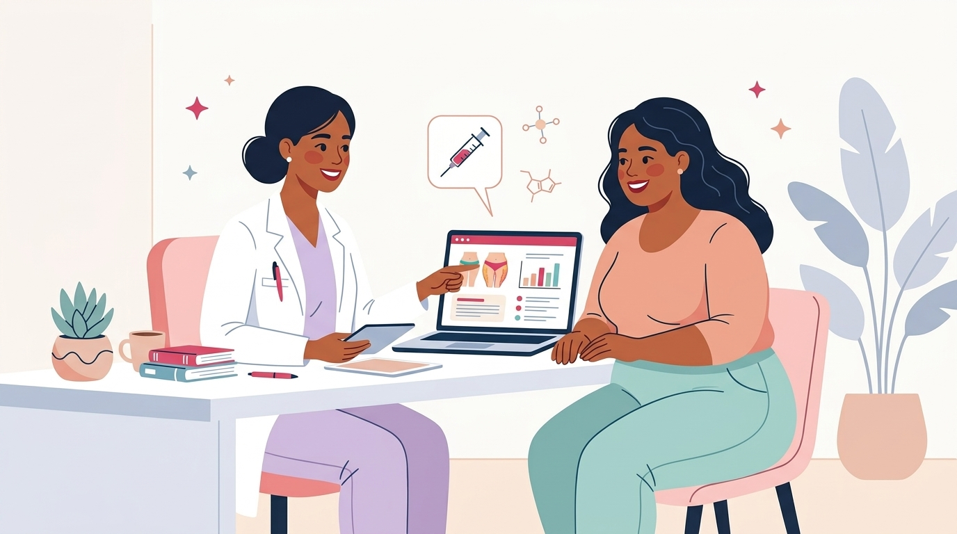 Eine Ärztin und eine Lipödem-Patientin sitzen gemeinsam lächelnd vor einem Laptop und besprechen Therapieoptionen.