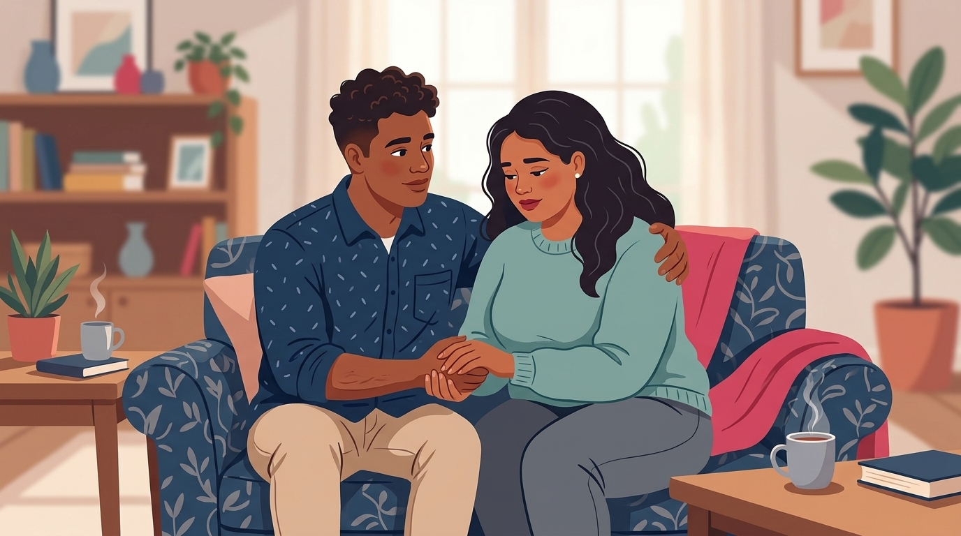 Ein verständnisvolles Paar sitzt gemeinsam auf einem Sofa und tauscht sich unterstützend und einfühlsam über gesundheitliche Themen aus. · KI-generiert