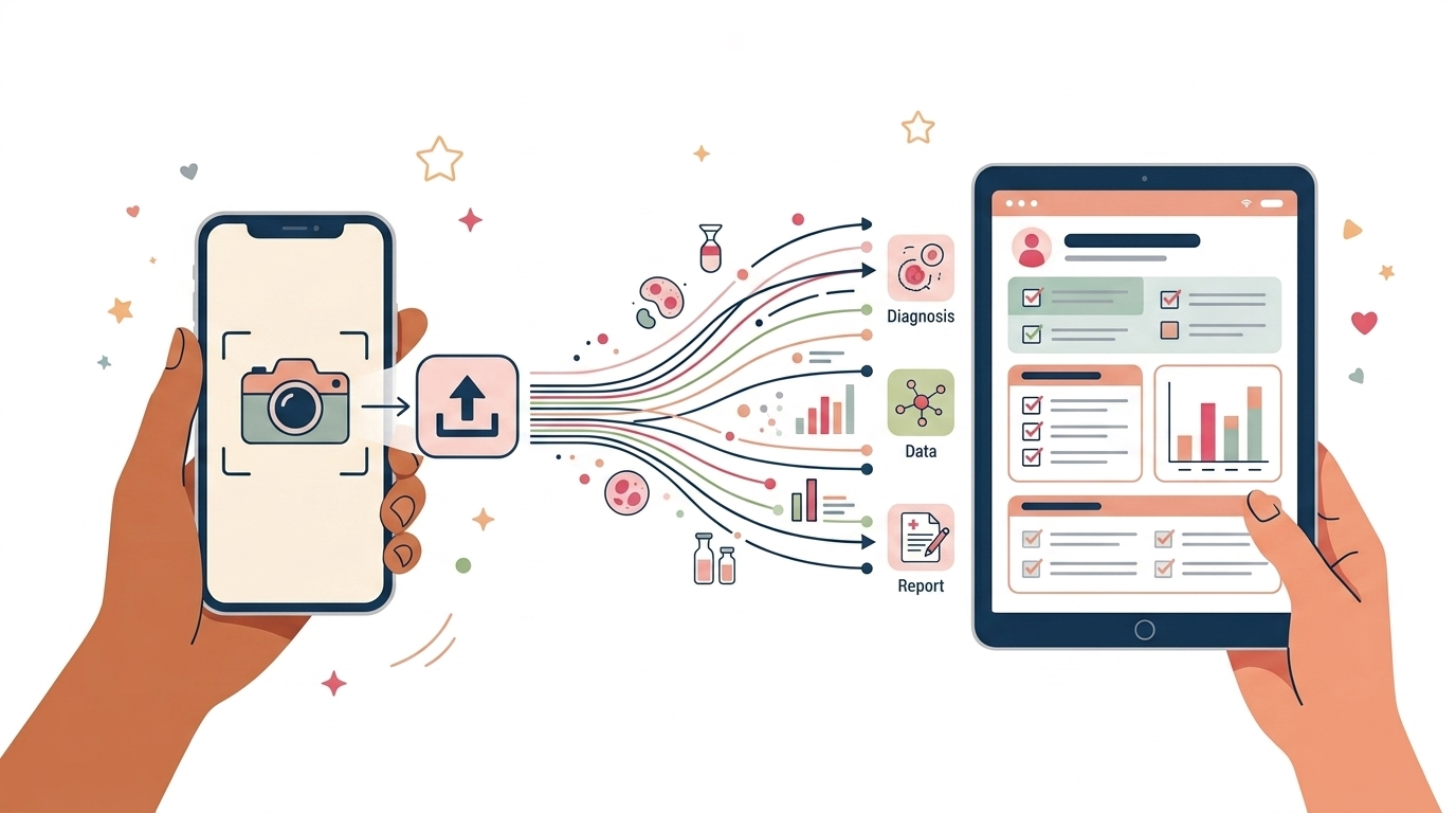 Schematische Darstellung des digitalen Diagnosepfads über die LipoCheck App vom Foto-Upload bis zum 48-Stunden-DocReport · KI-generiert