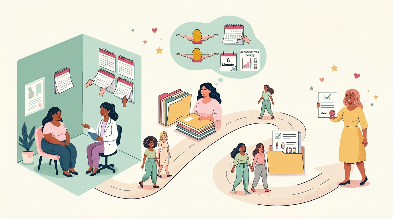 Infografik zur durchschnittlichen Diagnoseverzögerung und den Stationen der Patientinnen-Odyssee beim Lipödem · KI-generiert