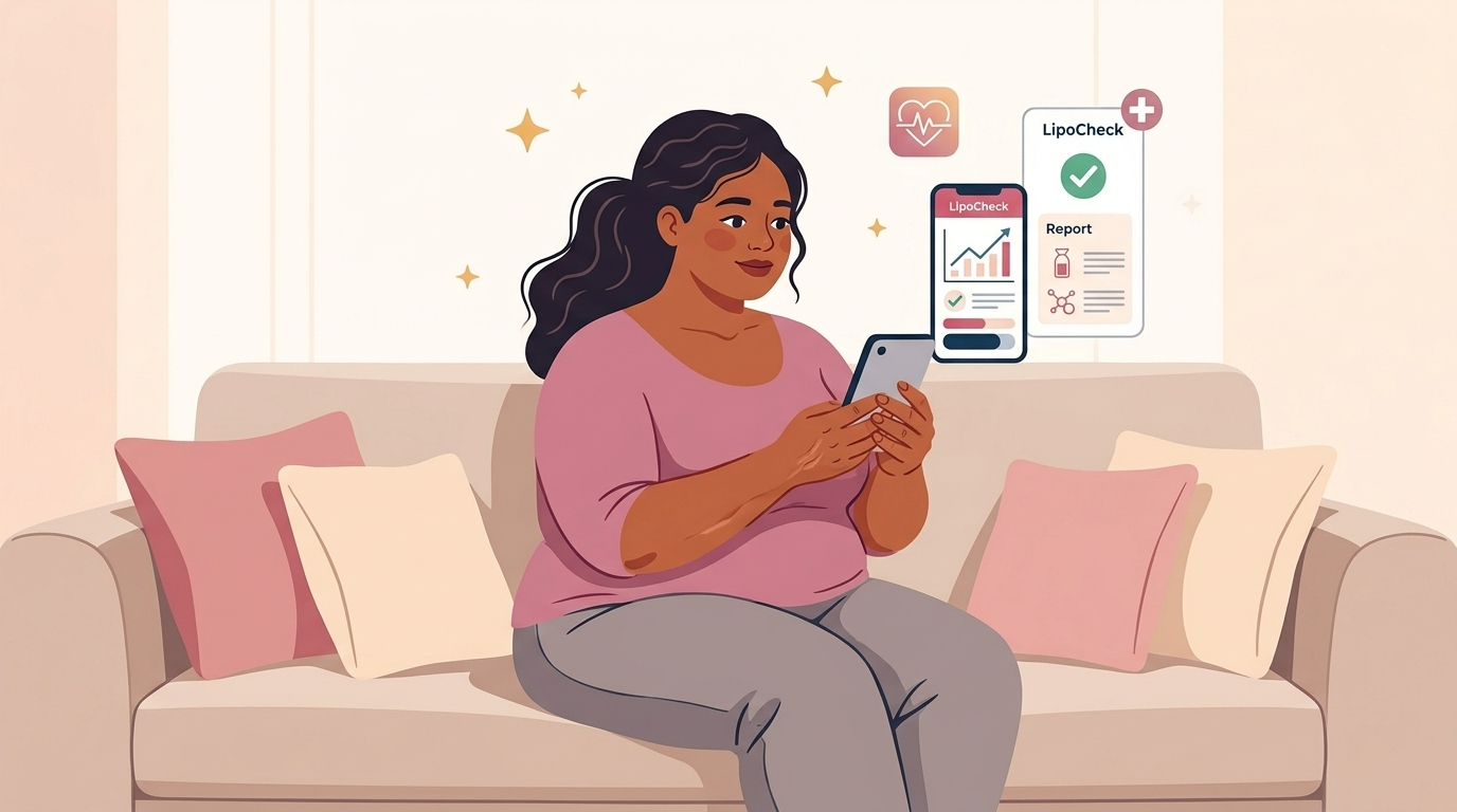 Zuversichtliche Patientin mit Lipödem liest in der LipoCheck-App auf ihrem Smartphone ihre Telediagnose. · KI-generiert