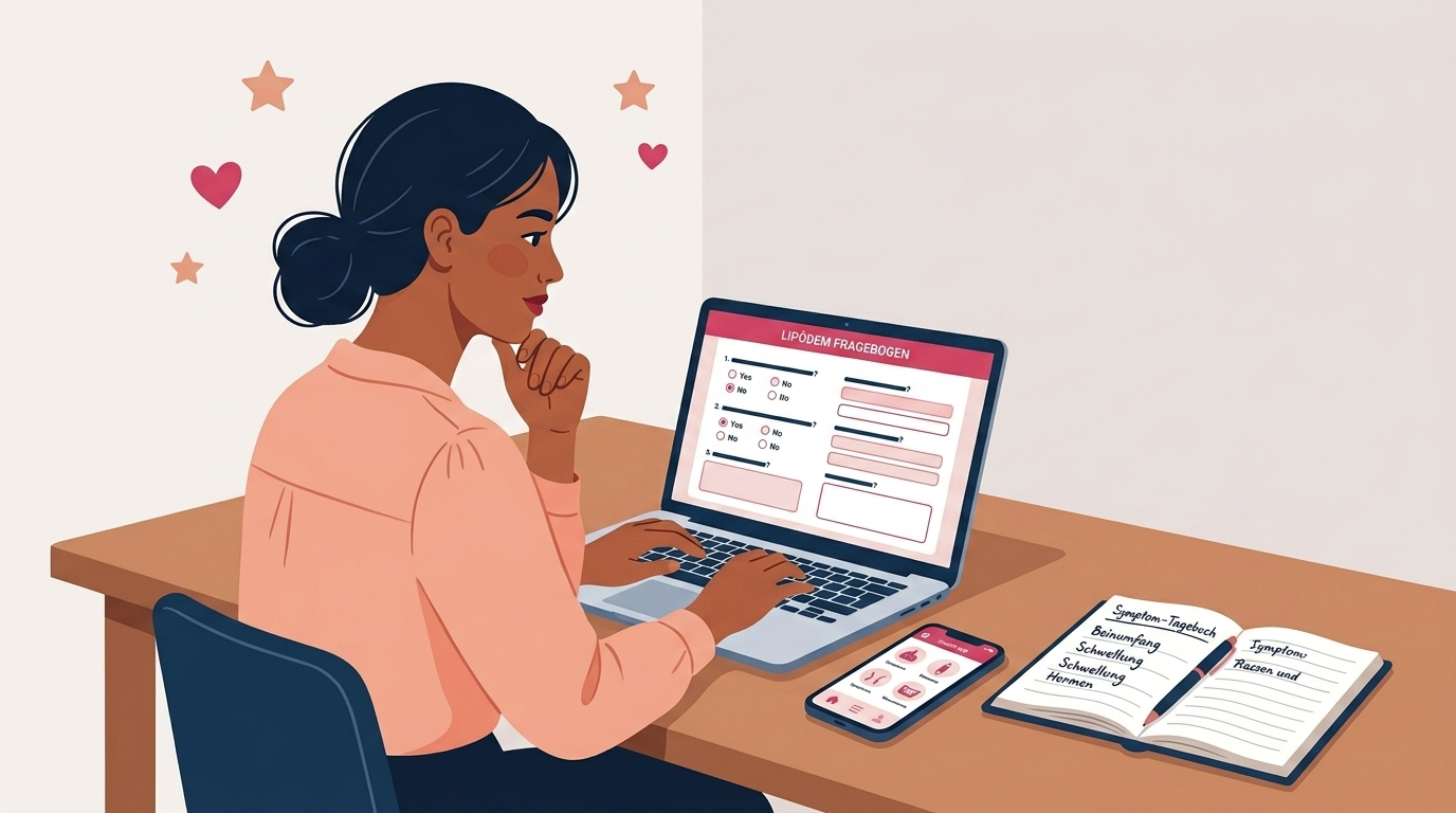 Eine Frau sitzt konzentriert am Laptop und füllt einen digitalen Lipödem-Fragebogen aus, während neben ihr ein Smartphone und ein Notizbuch zur Dokumentation der Schmerzen bereitliegen. · KI-generiert