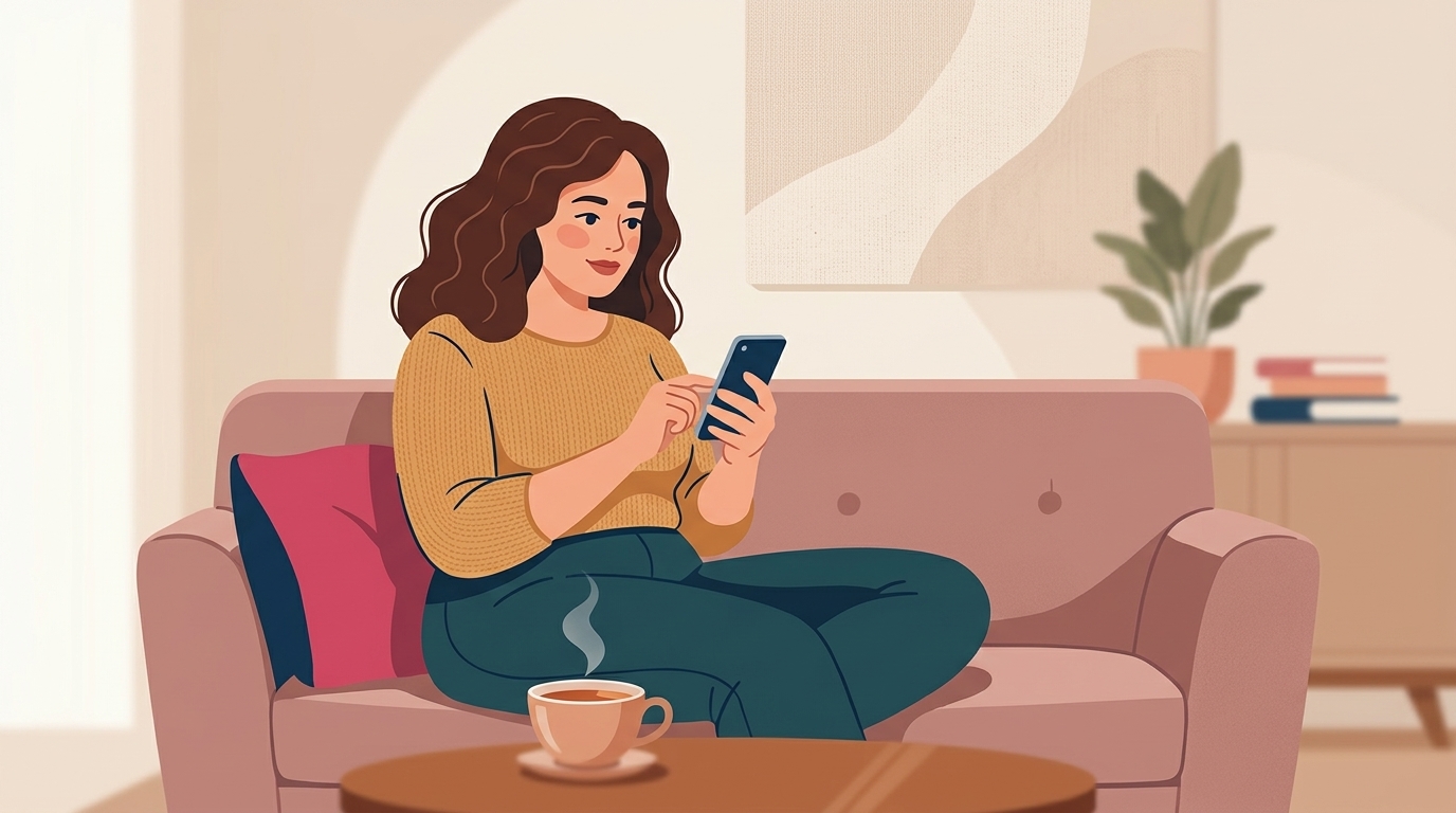 Frau nutzt ein Smartphone für einen Online-Selbsttest auf dem Sofa, im Hintergrund eine Tasse Tee - entspannte Atmosphäre für die Lipödem-Einschätzung zuhause. · KI-generiert