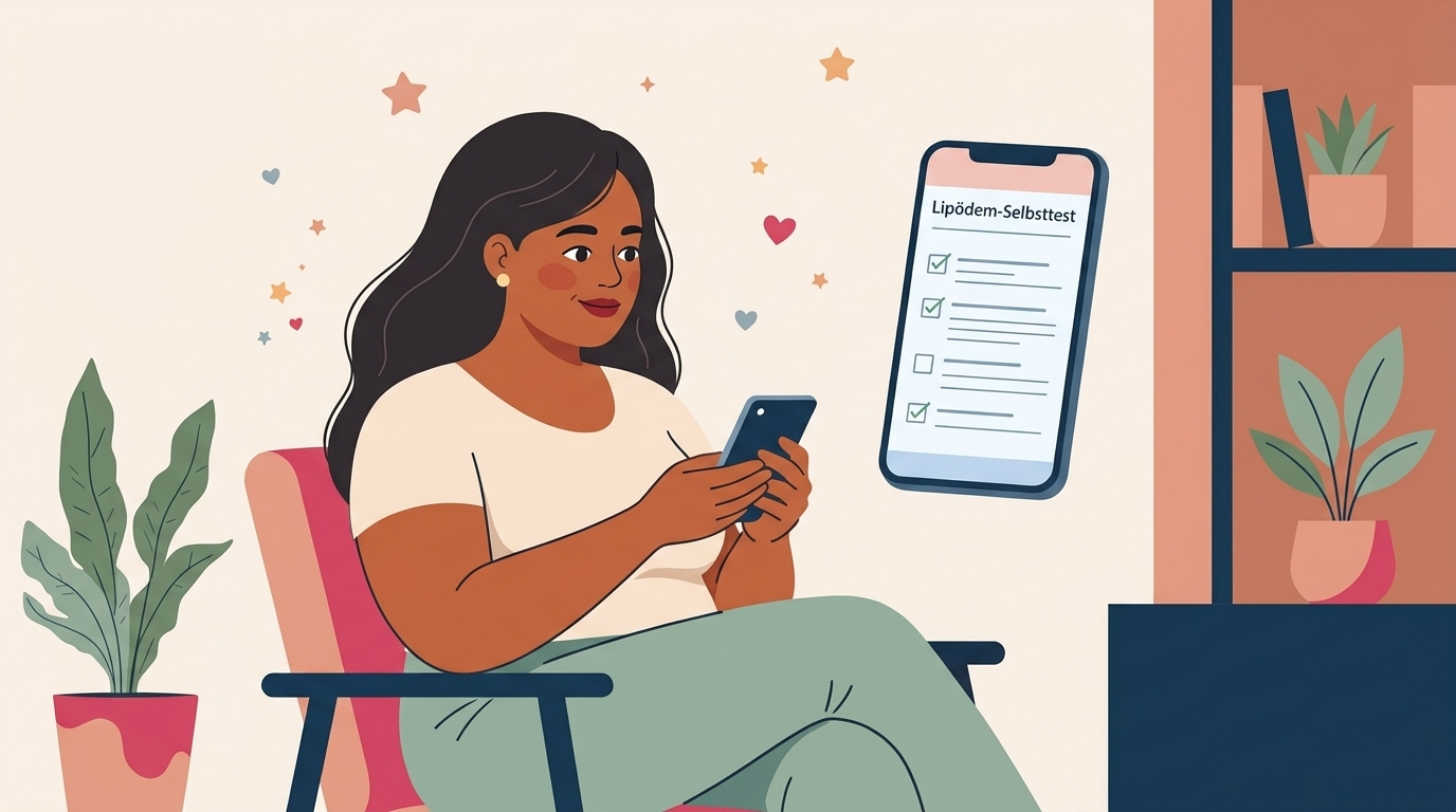 Eine Frau betrachtet konzentriert ihr Smartphone, während sie einen digitalen Lipödem-Selbsttest ausfüllt. · KI-generiert