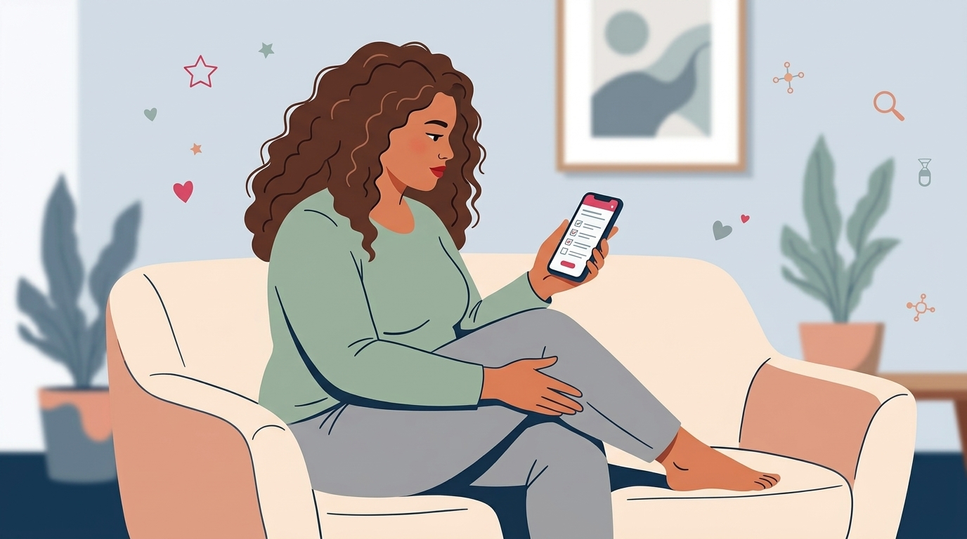 Eine Frau füllt konzentriert einen digitalen Lipödem Symptom-Check auf ihrem Smartphone aus, um erste Klarheit über ihre Beinschmerzen und ein mögliches Lipödem zu gewinnen. · KI-generiert