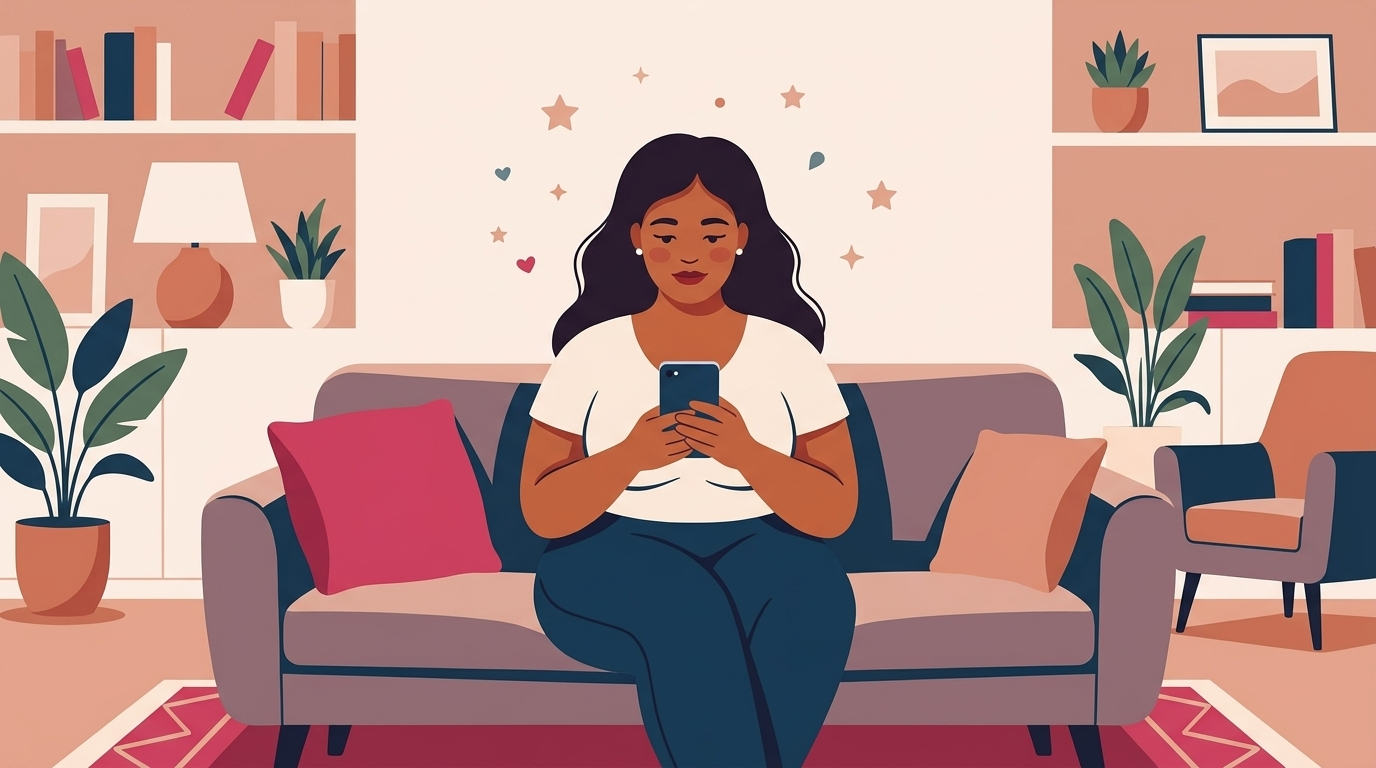 Eine Frau sitzt entspannt auf dem Sofa und füllt auf ihrem Smartphone einen Lipödem-Selbsttest aus, um erste Klarheit über ihre Symptome zu gewinnen. · KI-generiert