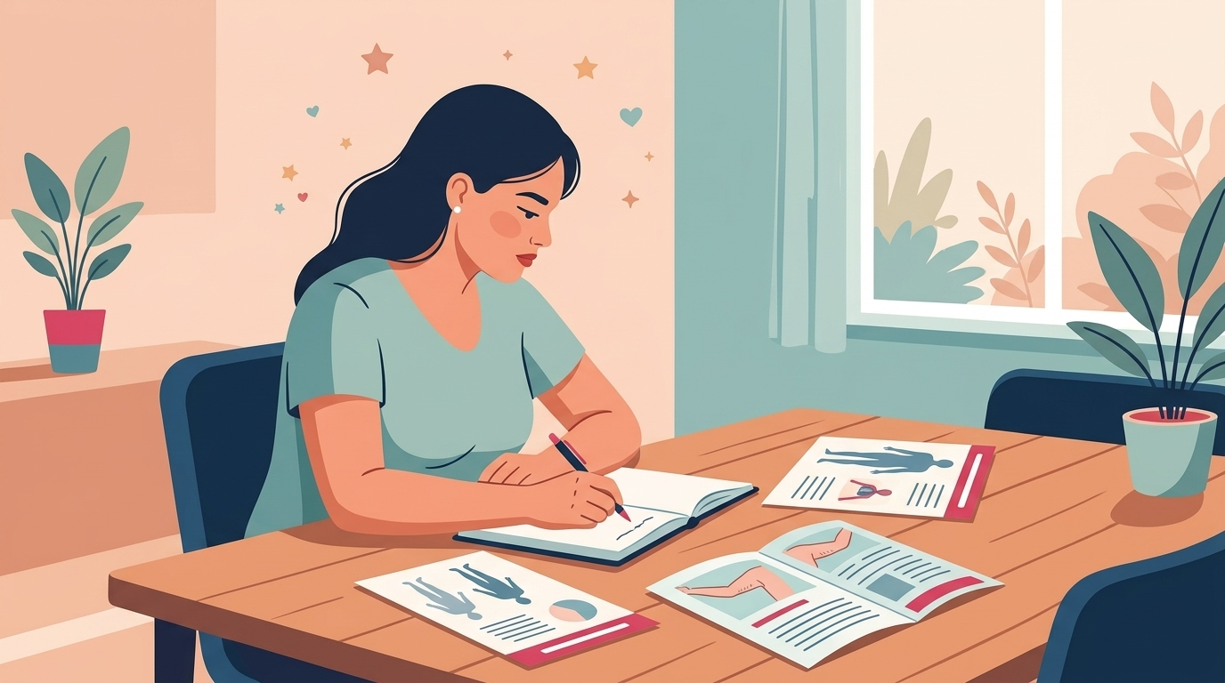 Eine einfühlsame Darstellung einer Frau, die sich über Lipödem und den Einfluss von Hormonen informiert, um Klarheit und Struktur in ihren Therapiealltag zu bringen. · KI-generiert