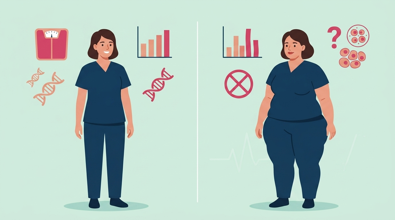 Grafische Gegenüberstellung von Body-Mass-Index und tatsächlicher Fettverteilung bei Lipödem zur Verdeutlichung der diagnostischen Grenzen · KI-generiert