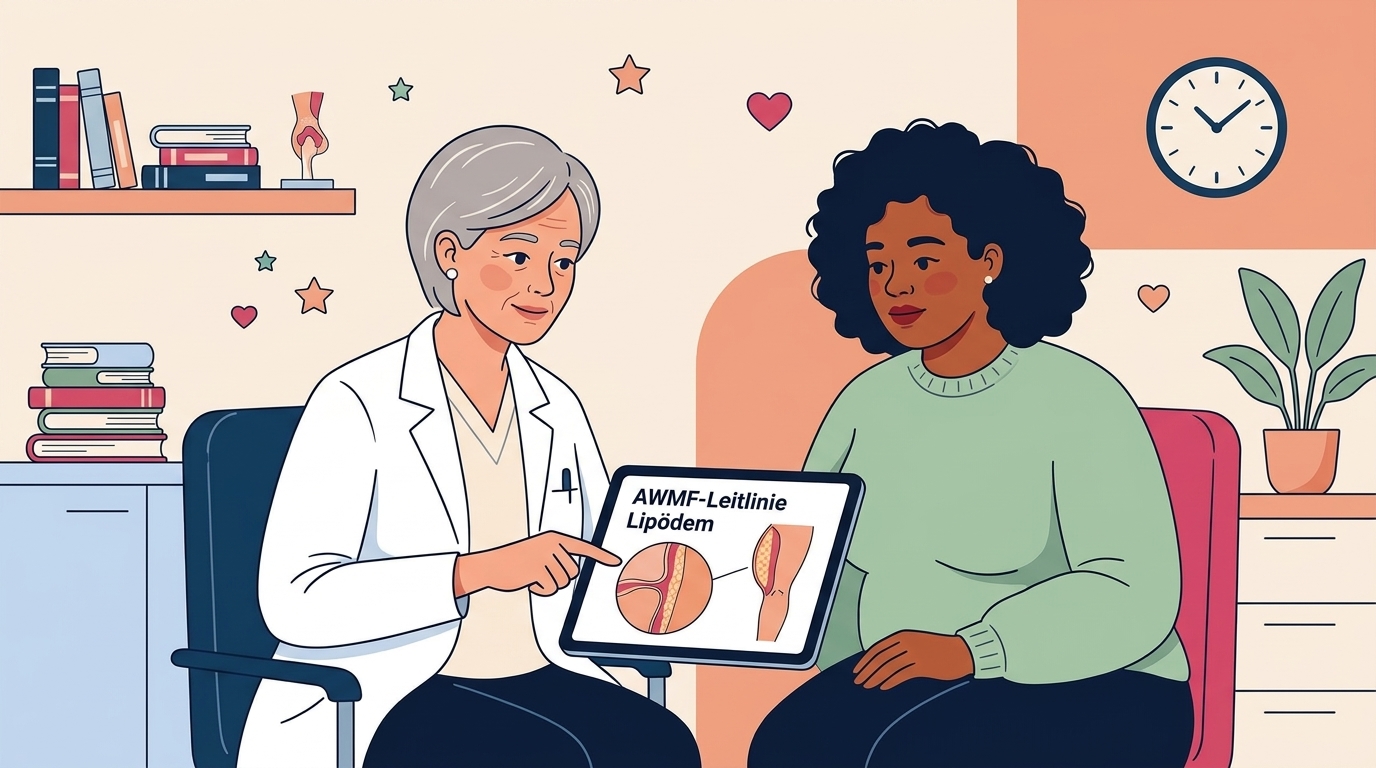 Medizinisches Fachpersonal und eine Patientin besprechen gemeinsam die Neuerungen der AWMF-Leitlinie zum Lipödem an einem Tablet. · KI-generiert