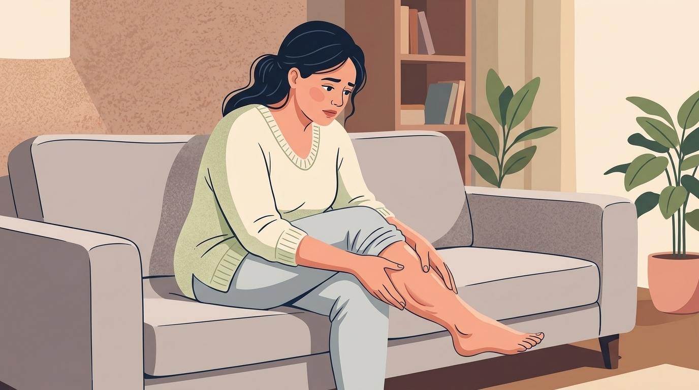 Eine Frau sitzt nachdenklich auf einem Sofa und tastet sanft ihr Unterbein ab, um die Symptome ihrer Beinschwellung zu verstehen.