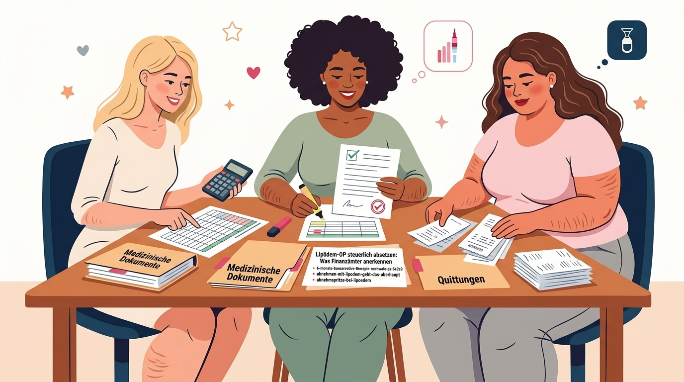 Drei Frauen mit typischen Lipödem-Merkmalen - schlank, durchschnittlich und plus-size - sitzen gemeinsam am Schreibtisch und sortieren Belege für ihre Steuererklärung, um OP-Kosten abzusetzen.