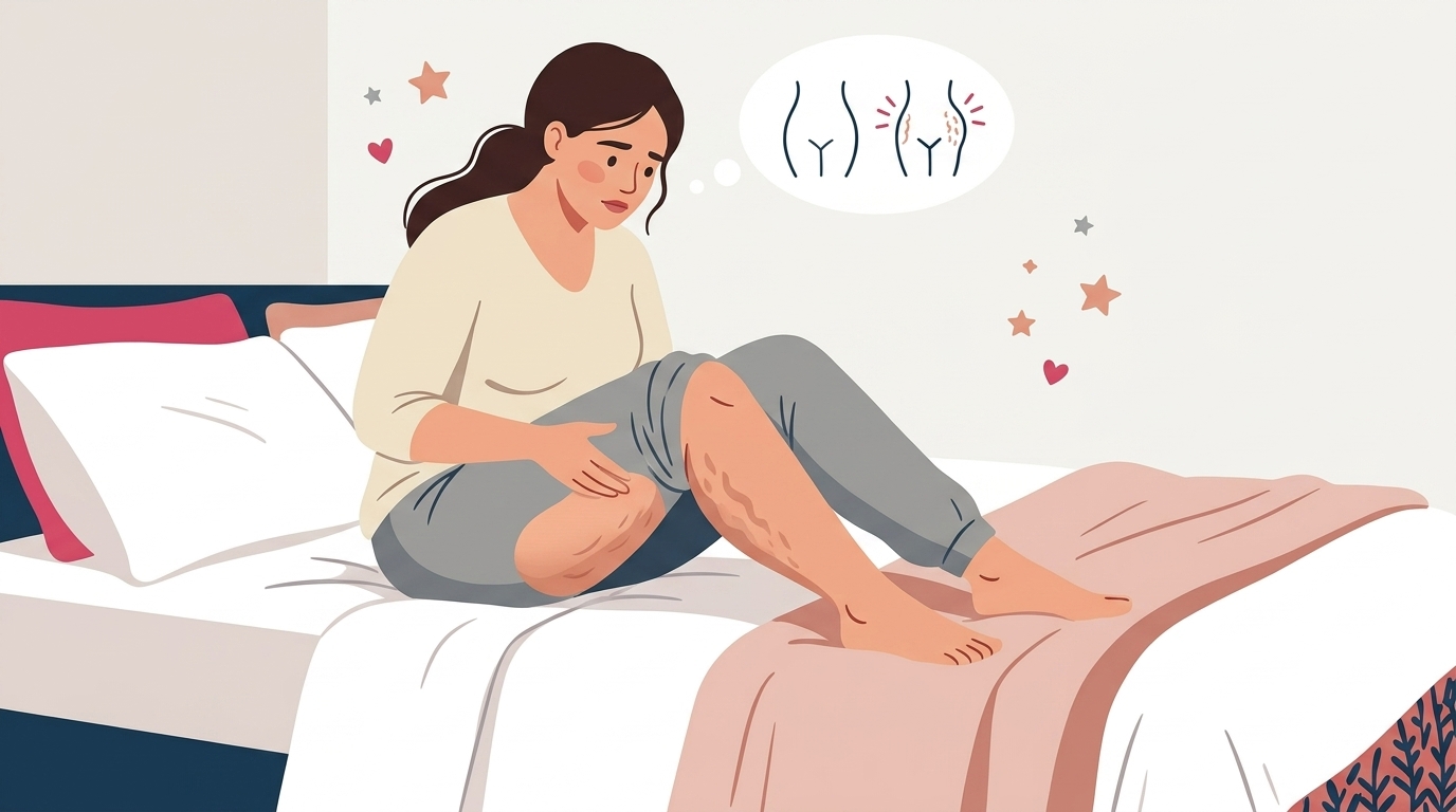 Eine nachdenkliche Frau betrachtet ihre Beine, während sie nach Antworten sucht, um den Unterschied zwischen einer schmerzfreien Lipohypertrophie und einem Lipödem zu verstehen.